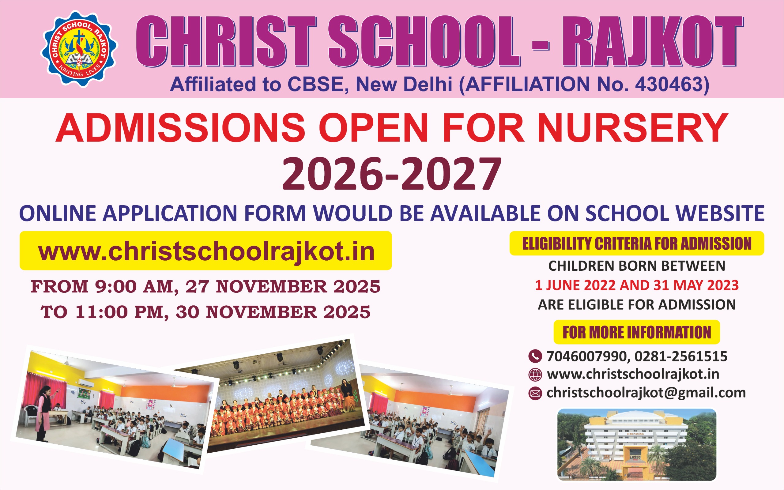 Christ School, Rajkot Nursery Admission 2026-27